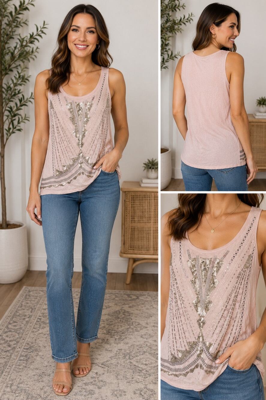Express XS Blush Pink Embellished Beaded Tank Top Boho Glam Modal Cotton Y2K